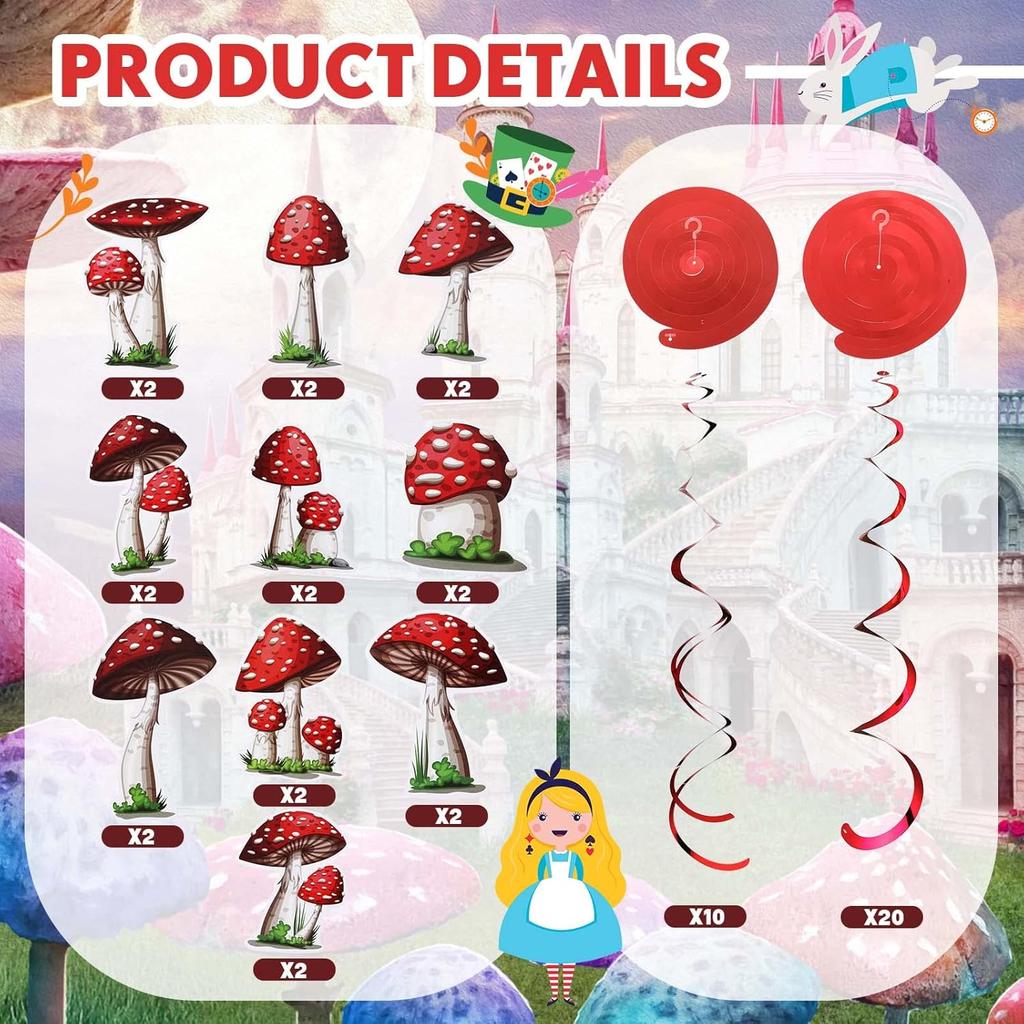30 Pieces Birthday Party Decorations Mushroom Hanging Swirls Ceiling Streamers Mushroom Party Supplies Wonderland Foil Swirls Wall Decor for Baby