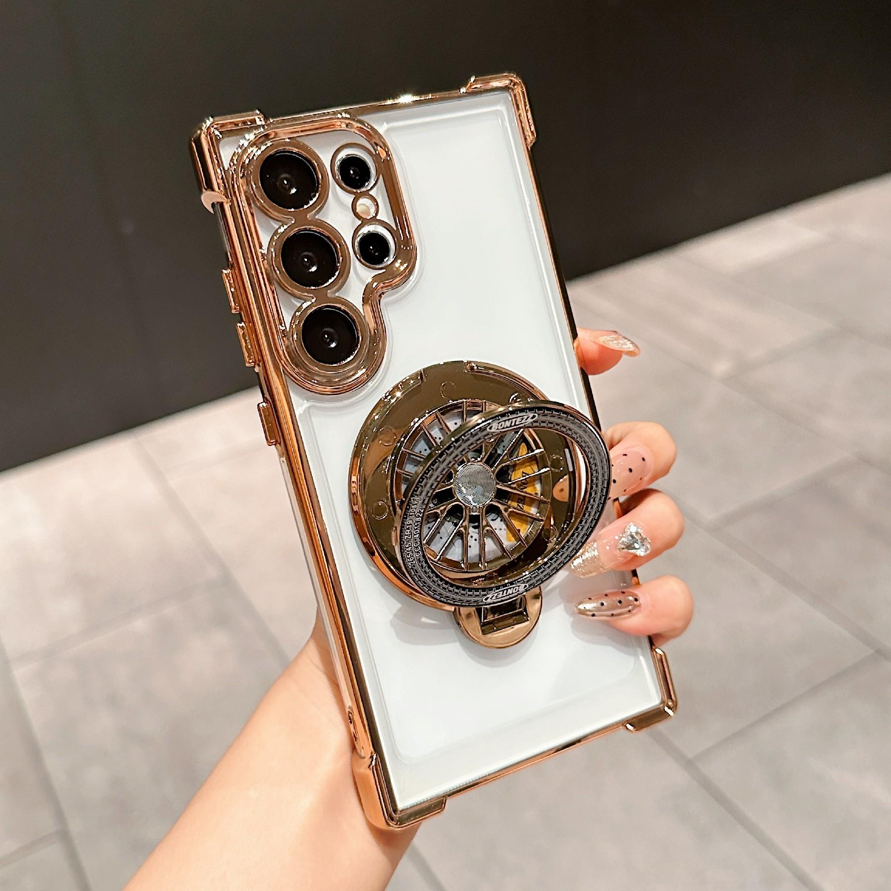 

For Samsung Galaxy S23 Ultra Phone Case Gyroscope Kickstand Electroplating TPU PC Mobile Cover Gold