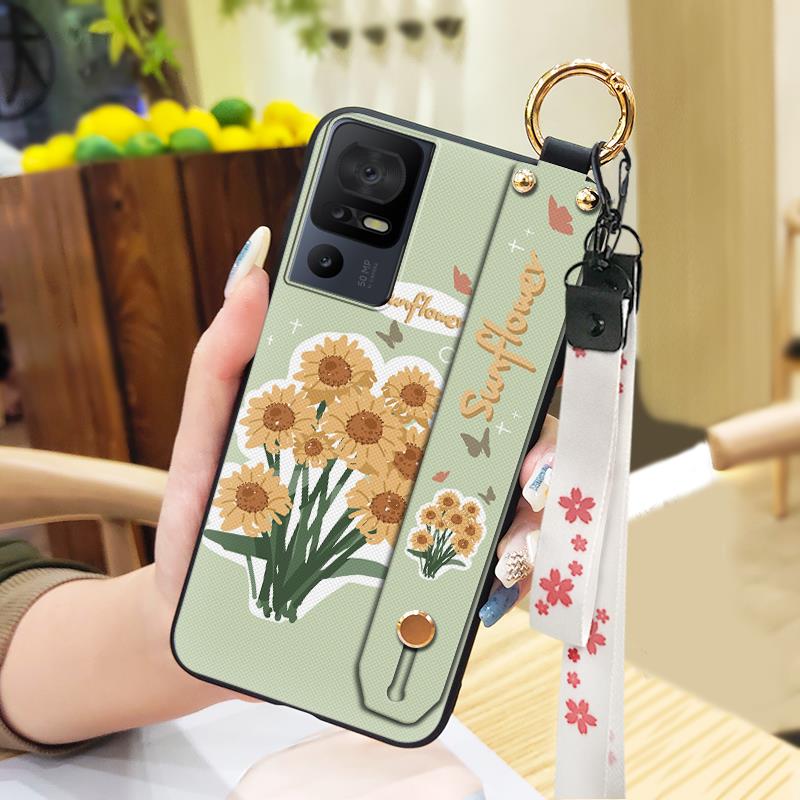 Lanyard Anti-knock Phone Case For TCL 40SE/T610K Dirt-resistant Flower Silicone Protective Ring Oil Painting Shockproof