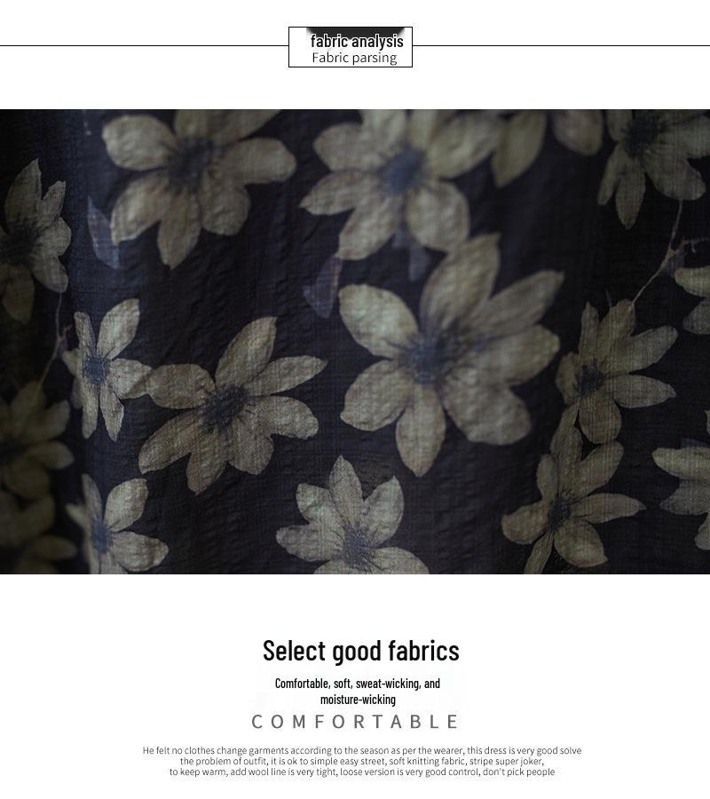 Plus Size Cotton Linen Printed Round Neck Long Sleeve Holiday Dress