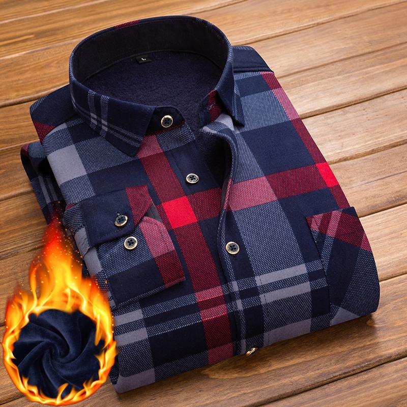 Winter Men Shirt Plaid Flannel Thick Warm Long Sleeve Fleece Autumn Dress Flannel Formal Shirt Fashion Casual Slim Fit Pocket