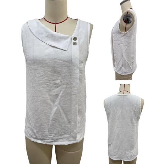 Women Tops Skew Collar Sleeveless Loose Fit Casual Tops Pure Color Buttons Decor Pullover