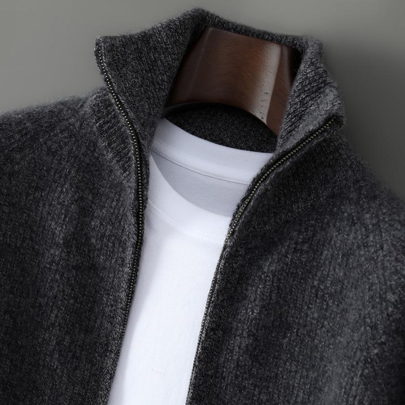 Herren-Cardigan-Pullover aus reiner Wolle mit hohem Kragen und Reißverschluss - Herbst/Winter Dick gestrickt, einfarbig