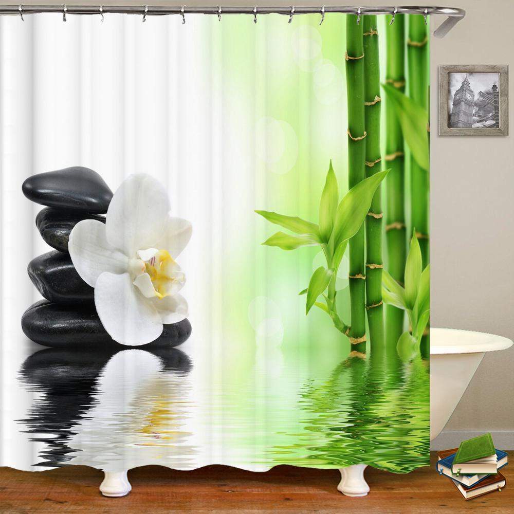 Zen Shower Curtain 3D Stone Running Water Flower Plant Shower Curtains Waterproof Mold Proof Curtain Washable Zen Shower Curtain