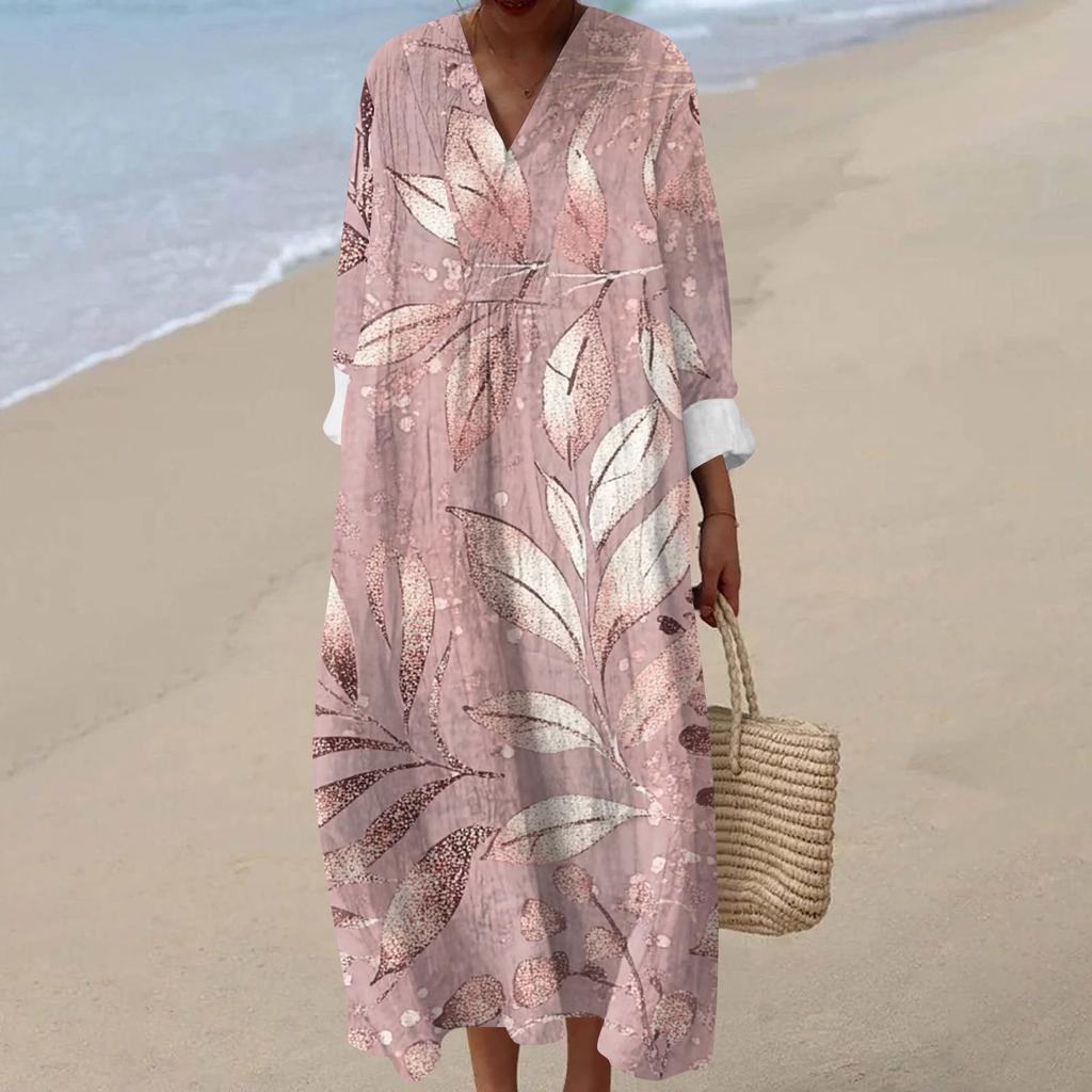 Γυναικείο Casual Μόδα Μακρύ Φόρεμα Μάξι με V Λαιμόκοψη και Μακρύ Μανίκι με Φλοράλ Μοτίβο