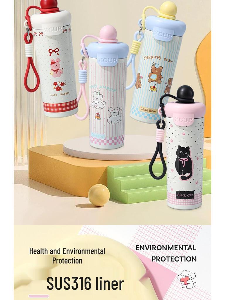 316 Stainless Steel Insulated Straw Cup for Women & Students - Cute Cartoon Water Bottle with Handle for Outdoor Use.