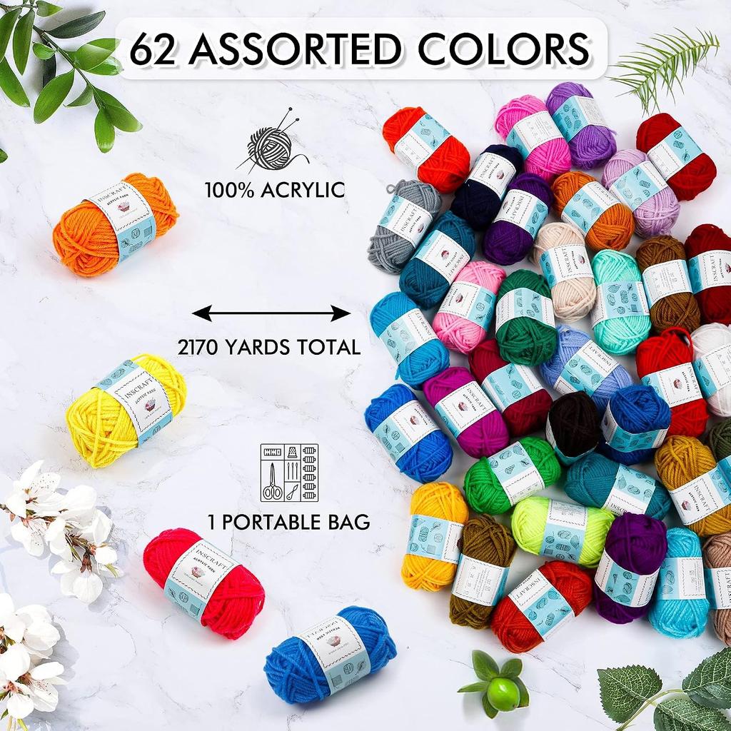 62 Acrylic Yarn Skeins, 2170 Yards Yarn for Knitting and Crochet, Includes 2 Crochet Hooks,2 Weaving Needles,10 Stitch Markers, Perfect Beginner Kit