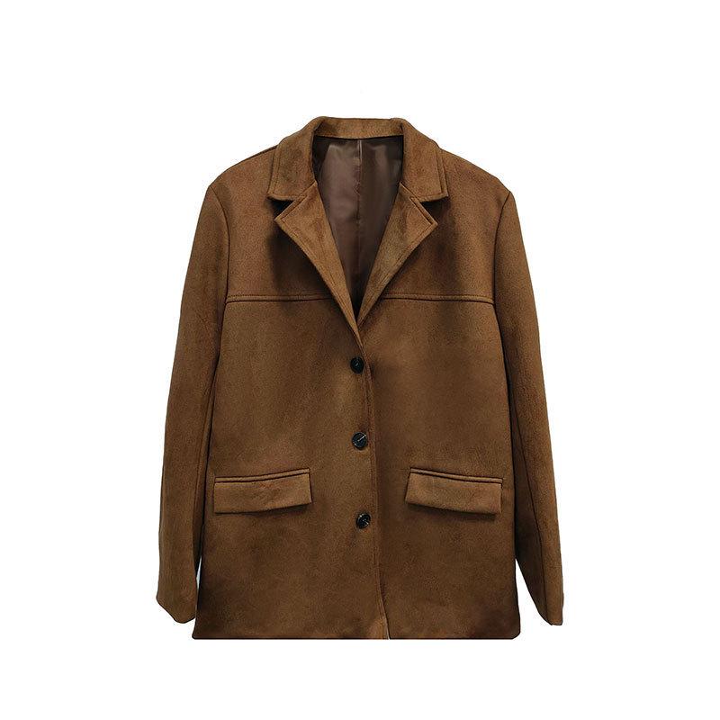 Vintage Brown Loose Fit Women's Long Sleeve Blazer with Pockets