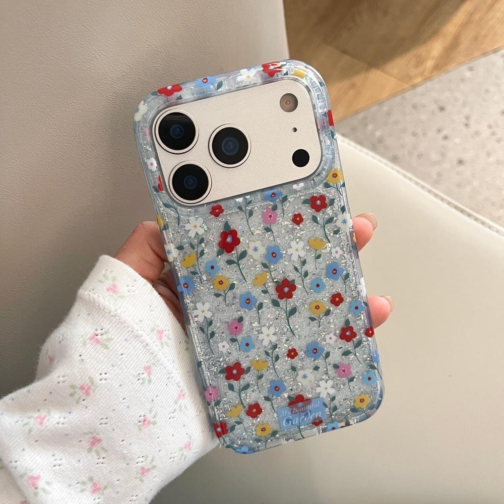 INS Blue Flowers Glitter Phone Case For iPhone 17 Pro Max 17Pro Case Large Window Soft Funda for iPhone 16 15 14 Pro Max Cover