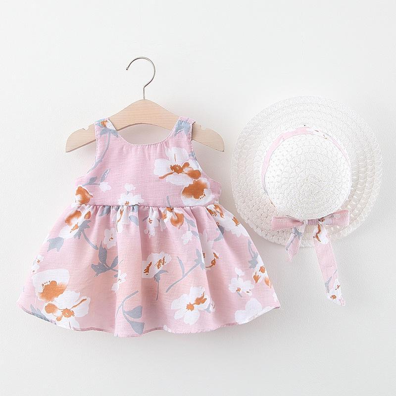 A749 Summer Baby Girl Princess Dress with Big Bow & Flower Skirt, Includes Hat, for Ages 1-4