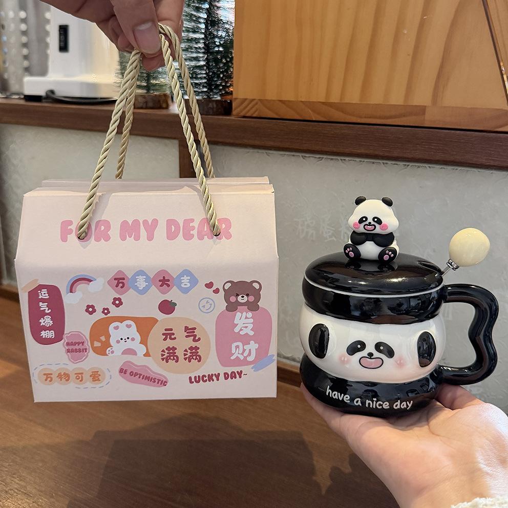 Cute Puppy Mug With Lid Spoon Wind Ceramic Cup Couple Water Cup Girls Household Breakfast Cup Children