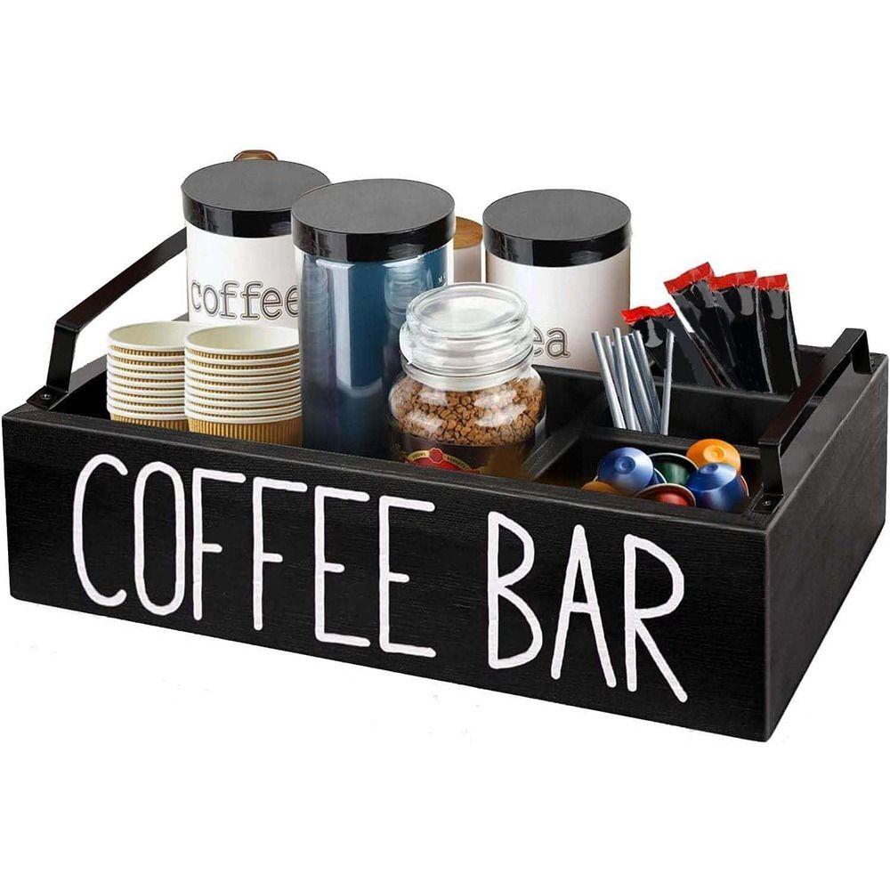 Premium Coffee Station Organizer Rustic with Handle Coffee Pod Holder Black White Coffee Bar Decor Home Organizer