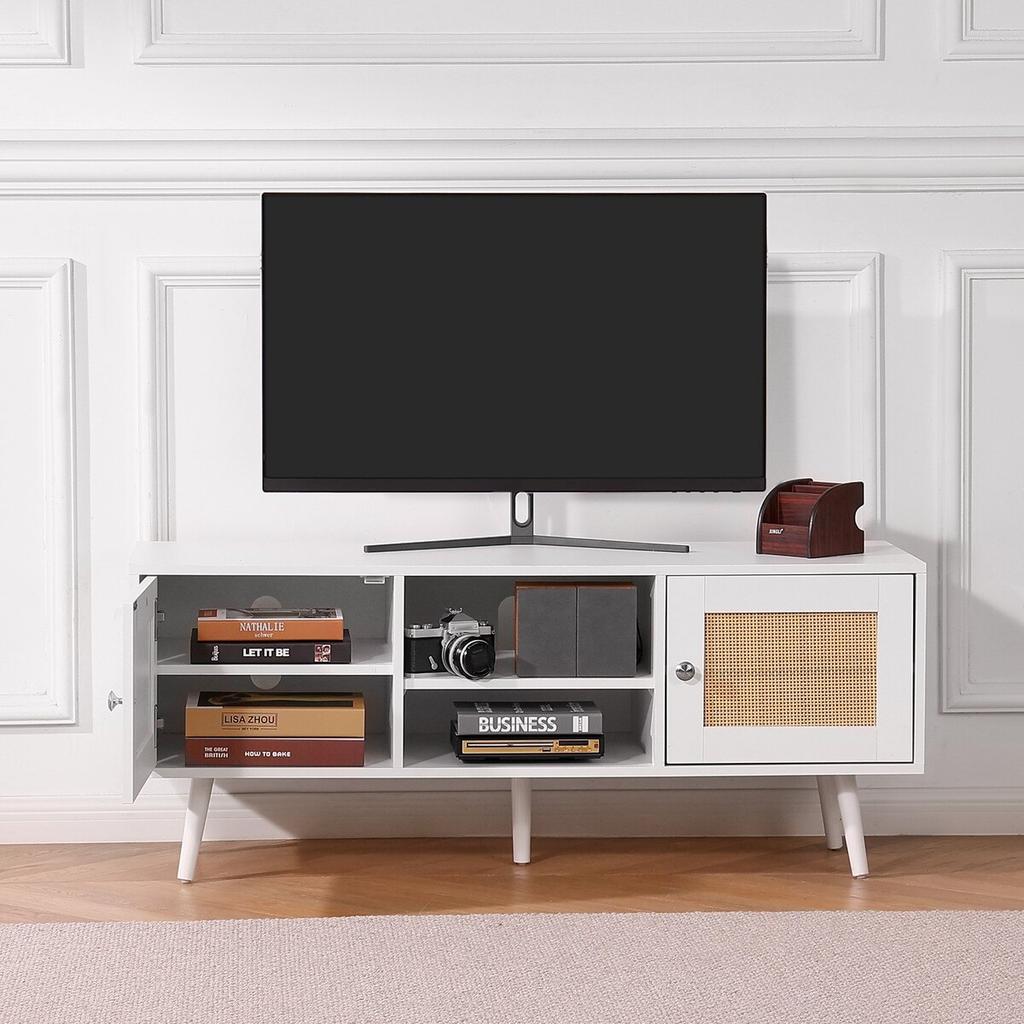 Rattan TV Stand, Boho TV Cabinet for 55 inch TV, Mid Century Modern TV Stand, Rattan TV Console with Adjustable Shelfs for Living Room, Media Room,