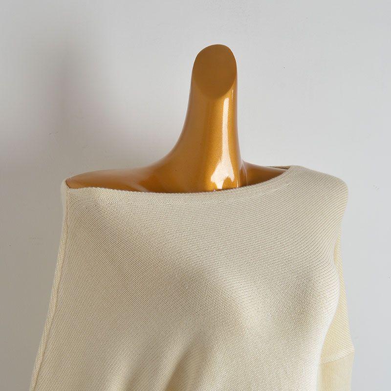 New Arrival Pure Color off-Neck Pullover Soft Glutinous Knitwear Women's Clothing Spring & Fall Loose Slim Looking Oblique Shoulder Long Sleeves Tops