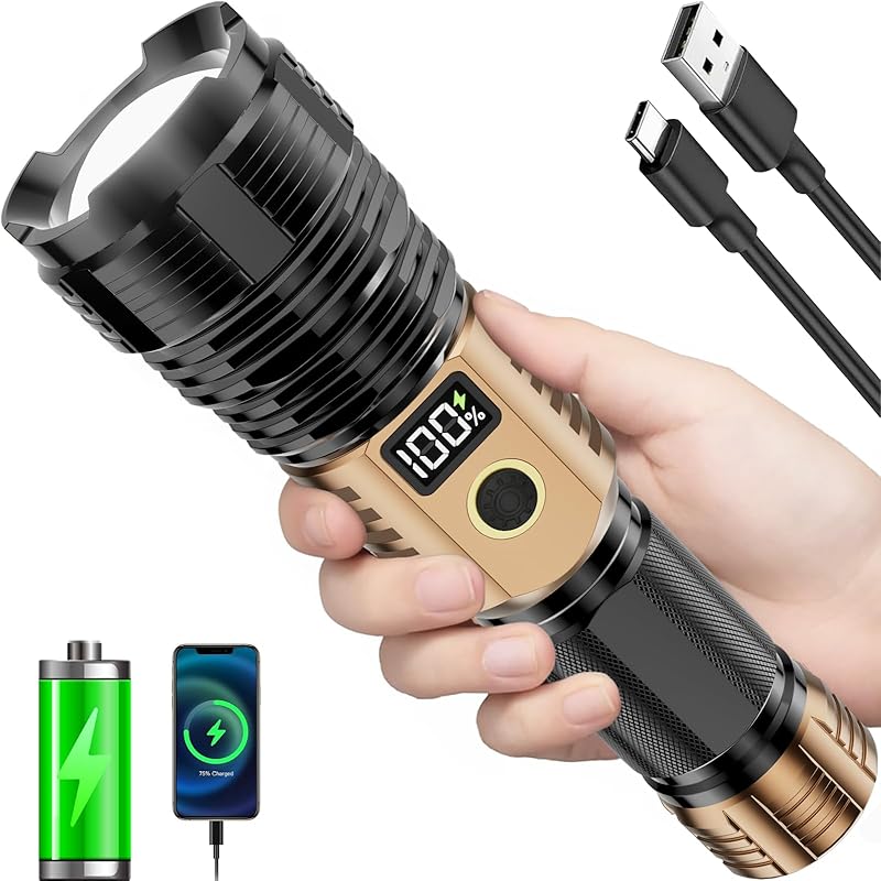 Flashlights High Lumens Rechargeable, LED Super Bright Flash Light Long Beam, Zoomable Linternas with LCD Digital Display, 5 Mode, Waterproof,
