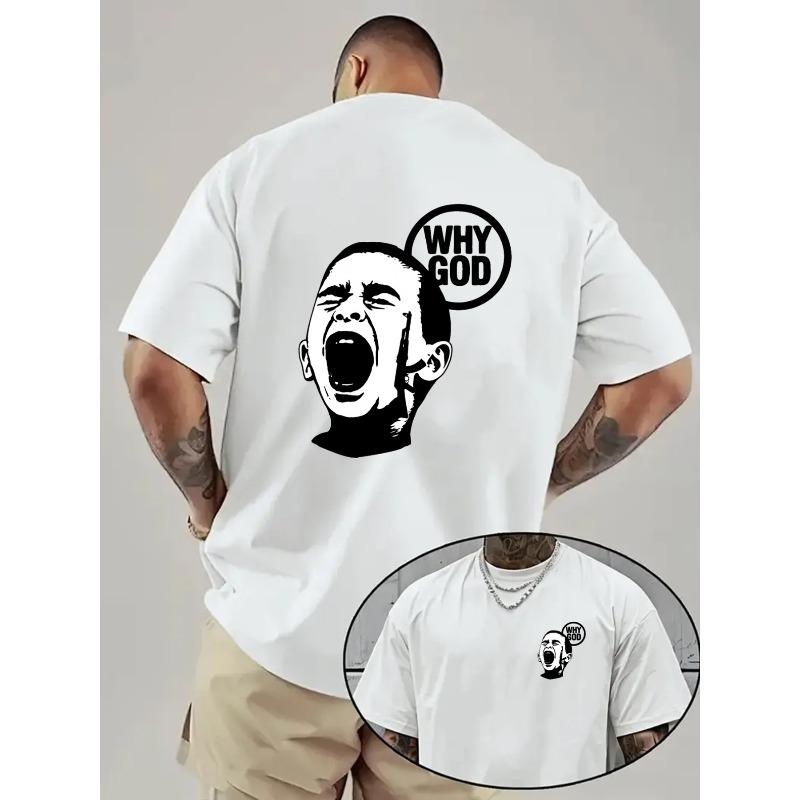 

European Size Men s Angry God Why God Double-Sided Print T-Shirt - Loose Fit Drop Shoulder Short Sleeve Round Neck Casual Shirt with Slogan Back S белый