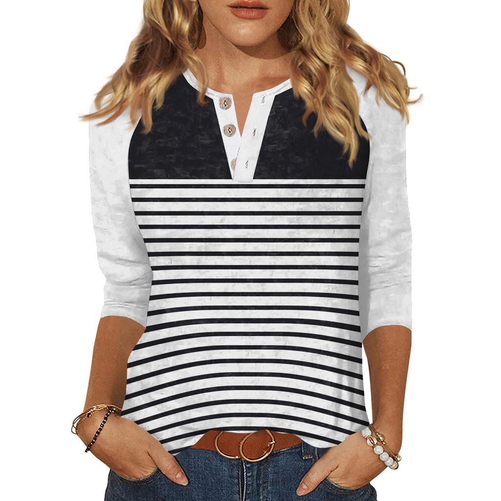 T-shirt imprimé boutonné à manches 3/4 pour femme - Haut basique à col en V - Mode quotidienne - Week-end