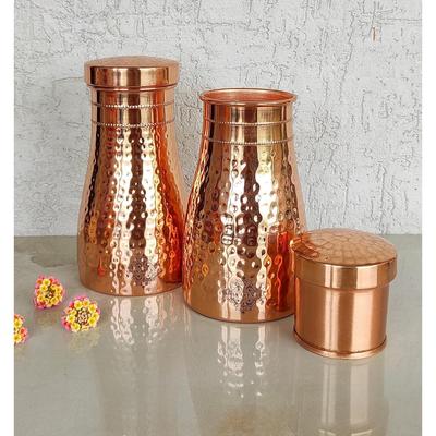 Wasserflasche aus reinem Kupfer für das Schlafzimmer mit eingebautem Glas, gehämmertes Glanzdesign, Trinkgeschirr und Aufbewahrung, 1 Liter (2er-Pack)