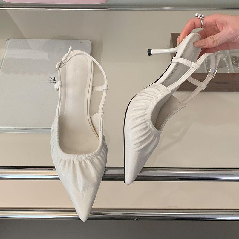 

Модная обувь Туфли-лодочки с острым носком Женская обувь на высоком каблуке Новинка 2025 Женские слинги Модные плиссированные женские туфли на тонком каблуке 35 бежевый