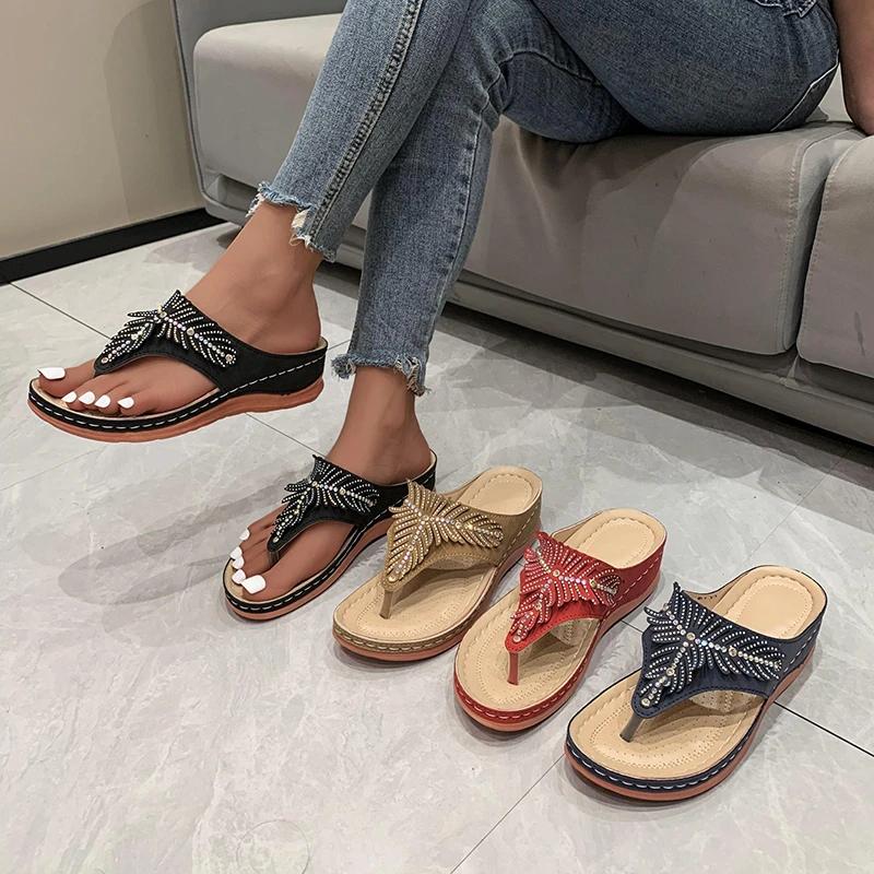 Fashion New Fashion Color Block Open Toe Women's Slippers 2025 Outdoor Flip-Toe Rhinestone Decorated Wedge Comfortable Zapatos De Mujer