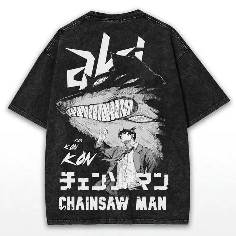 Aki Hayakawa Kon Graphic T Shirt Chainsaw Man Anime Harajuku Washed T-shirt Men Women Clothing Oversized Cotton Short Sleeve Tee