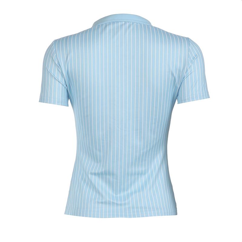 Sweetown Blue Stripe Short Sleeve Shirts For Women Button Up Turn Down Collar Slim Simple Casual Preppy Tops Basic Summer Tees