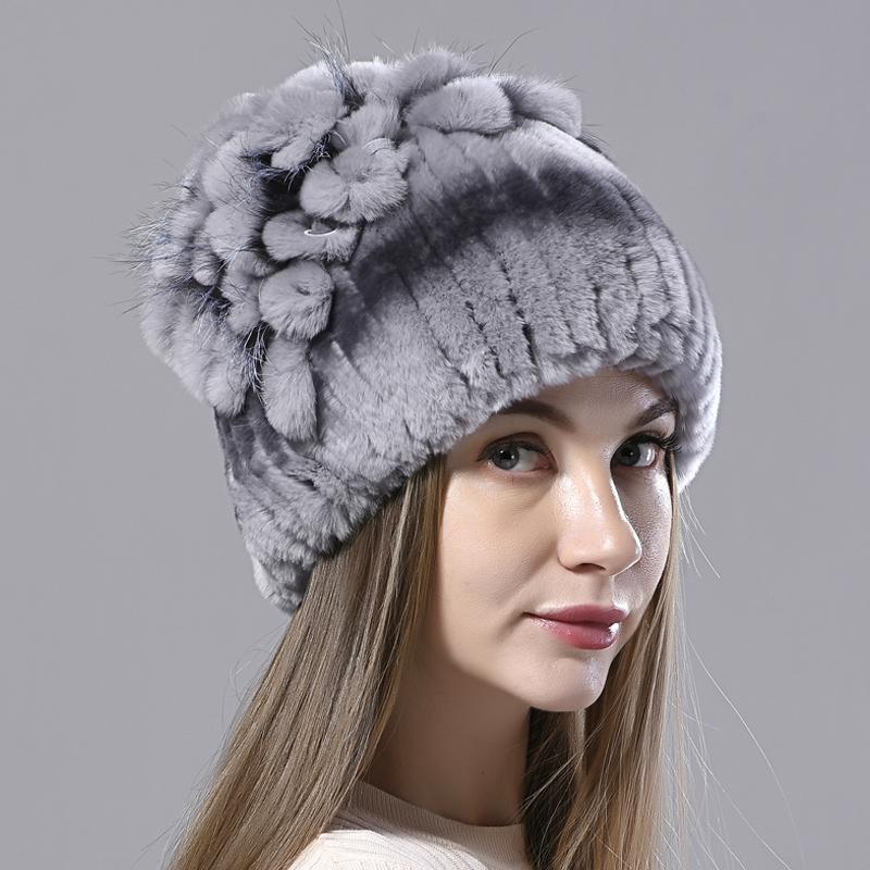 New Luxury Women Fur Hat For Winter Handmade Natural Rex Rabbit Fox Fur Cap Fluffy Female Fur Headgear Brand Warm Beanies Cap