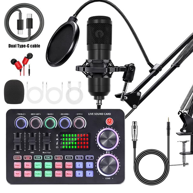 F998 Sound Card & Microphone Set with Type-C Adapter for Mobile Recording, Streaming, and Podcasting