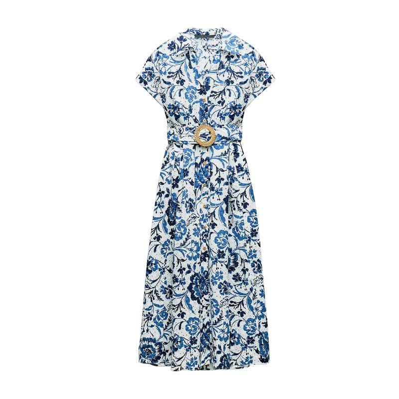 

Spring New European and American Socialite Vacation Style V Neck Short Sleeve Mid-Length with Belt Print Dress 2901722 Blue L