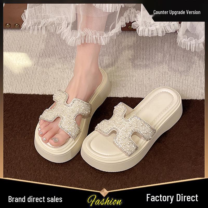Women's Summer 2025 Silver Rhinestone One-Strap Thick-Soled Height-Increasing Cool Sandals with Medium Heel
