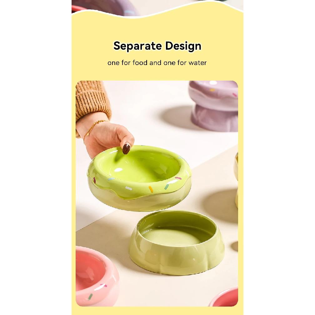 2 in 1 Cat Ceramic Bowl Double Layer Small Dogs Food Water Feeders Pet Non-slip Drink Eat Supplies Doughnut Shape Microwave Safe