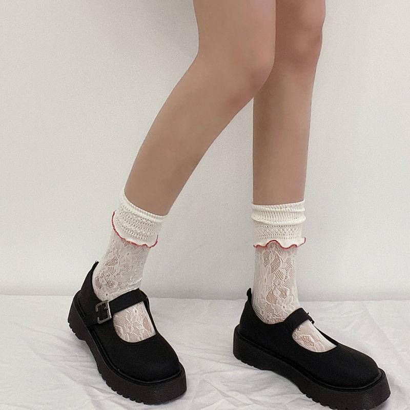 Japanese-style JK Lace Ruffle Slouch Socks for Women | Creamy White Calf-Length Half Socks - Sweet Short Knee-High Mesh Socks Summer Thin Style