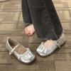 Retro Xiaoxiangfeng Silver Mary Jane Women's Shoes Spring and Summer New Light Mouth Soft Sole Single Shoes with Skirts Evening Shoes