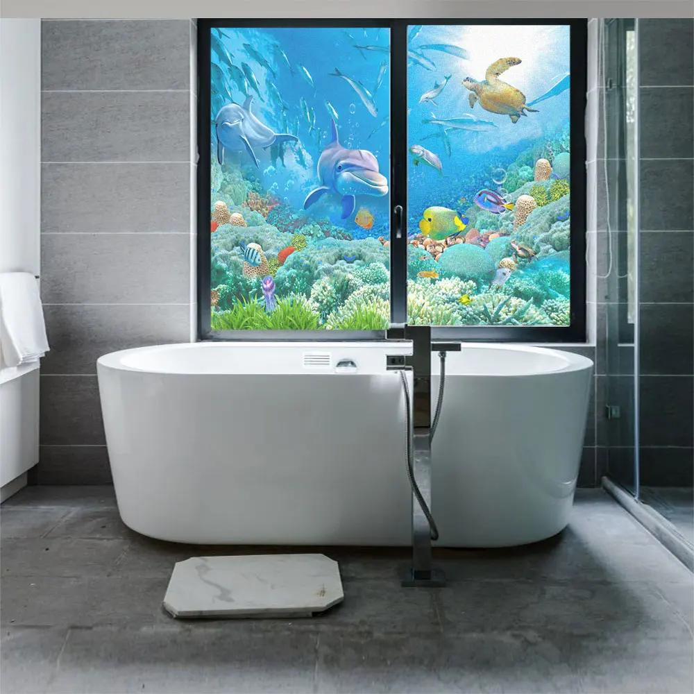 Película para Ventanas Privacidad Mundo Submarino Pegatina de Cristal Bloqueo UV Control de Calor Cubiertas de Ventana Tintado de Ventana para Decoración del Hogar