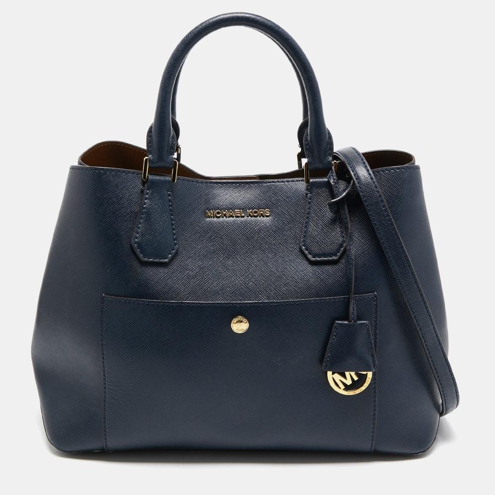

Michael Kors Темно-синяя кожаная сумка-тоут с передним карманом Темно-синий