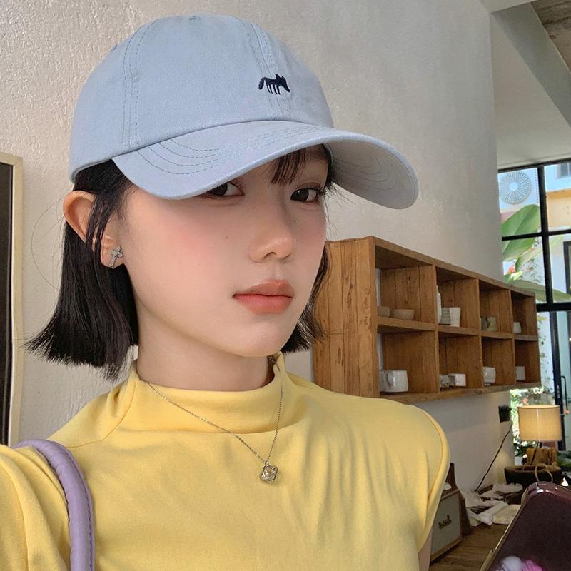 Cute Fox Embroidered Blue Baseball Hat Women In 2025 Korean Edition Head Circumference Show Face Small Duck Tongue