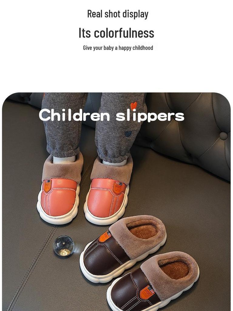 Children's Non-Slip Waterproof Slippers - Soft Cotton, PU Leather, Velvet-Lined for Parents & Kids, Winter Warm