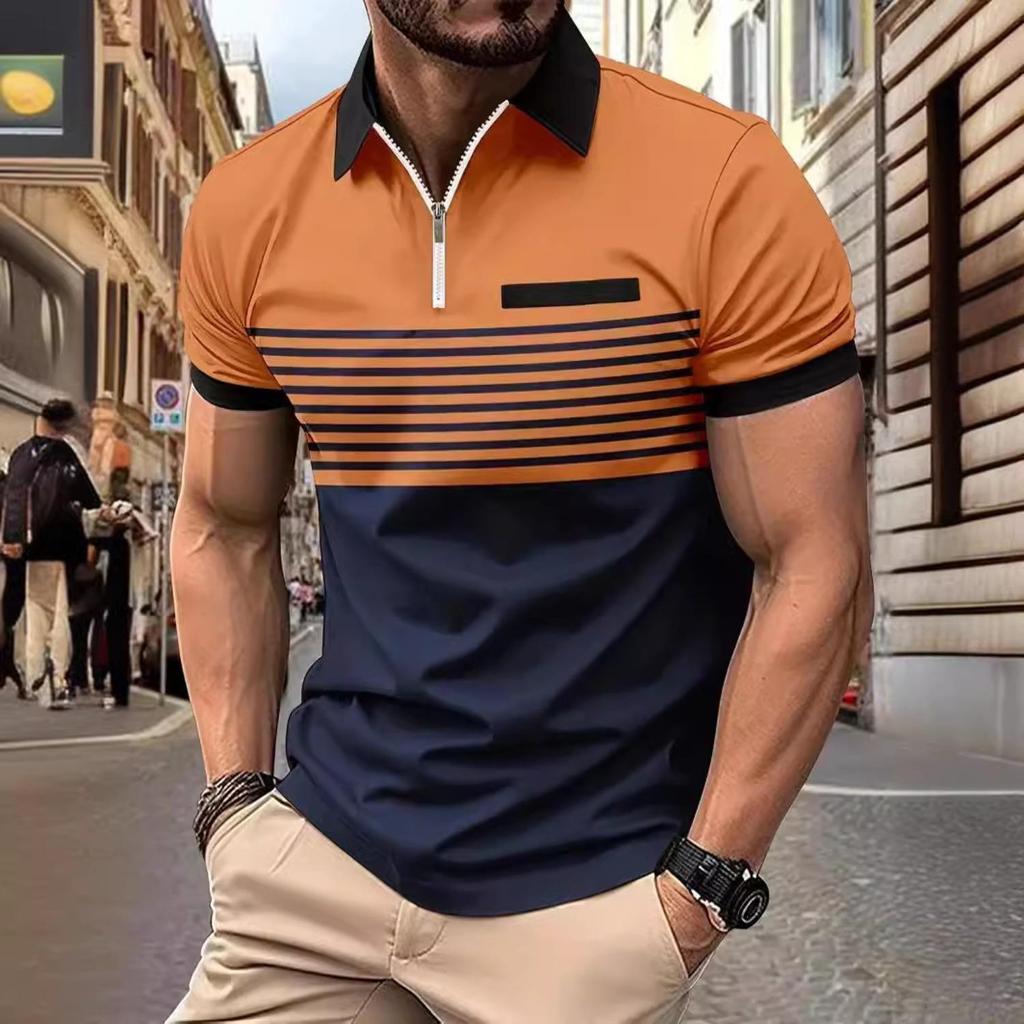 New Striped Printed Short Sleeve Top Men's Casual Lapel Zip Polo Shirt Polo
