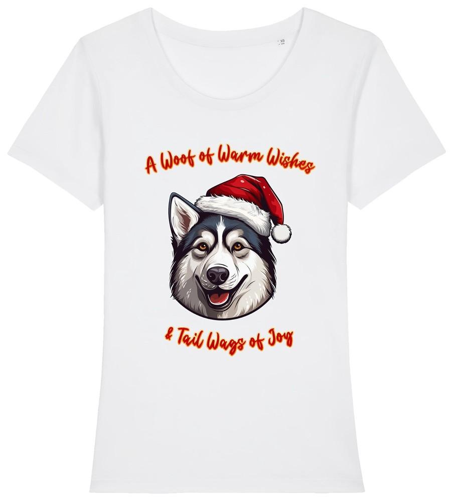 

Womens Siberian HUSKY Christmas T-Shirt Santa Hat Dog Woof Wishes Gift Her Pet 2XL