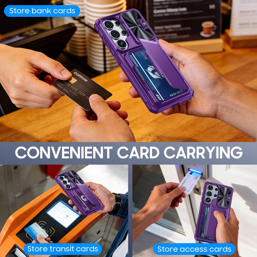 Su kortelių laikikliu, slankiojančiu kameros dangteliu ir stoveliu, skirtas Samsung Galaxy S26 Ultra telefono dėklas, apsaugantis nuo kritimo, PC+TPU piniginės dėklas - Violetinis