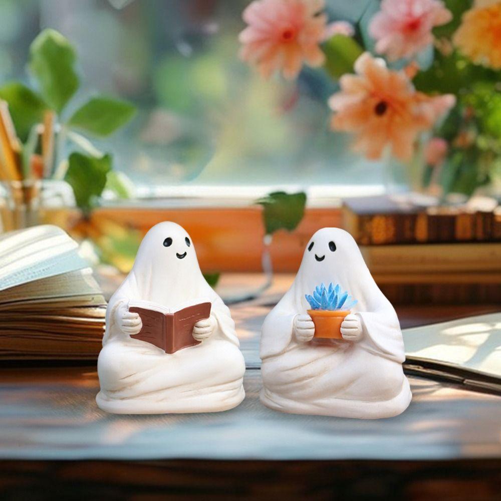 2pcs Resin Halloween Ghost Ornaments Cute Reading Ghost Statue Micro Landscape Ghost Sculpture  Gift