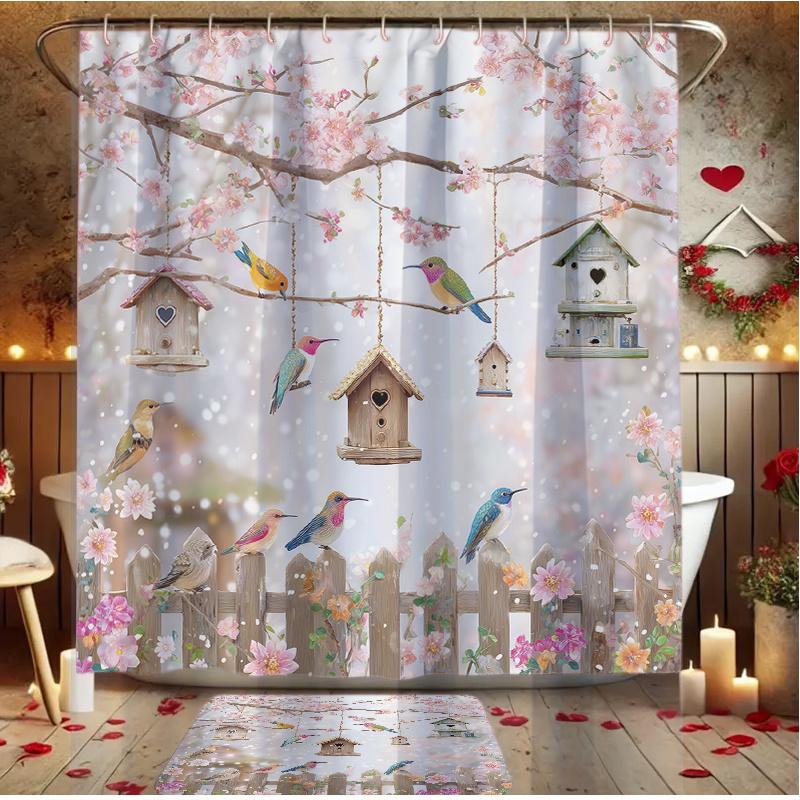 4Pcs Spring Floral Bird Shower Curtain Set with Non-Slip Bath Mat, Toilet Lid Cover, Contour Rug & 12 Hooks, Bathroom Decor
