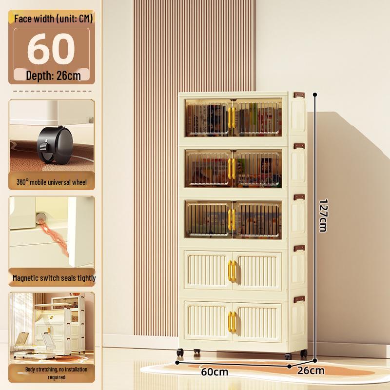 40-60cm Wide Transparent Foldable Double Door Floor Storage Cabinet with Multiple Layers