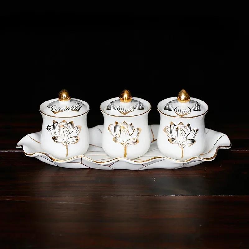 Chinese ceramic Guanyin water supply cup, three supply cups, Buddha cup offering ornaments feng shui  Buddhism