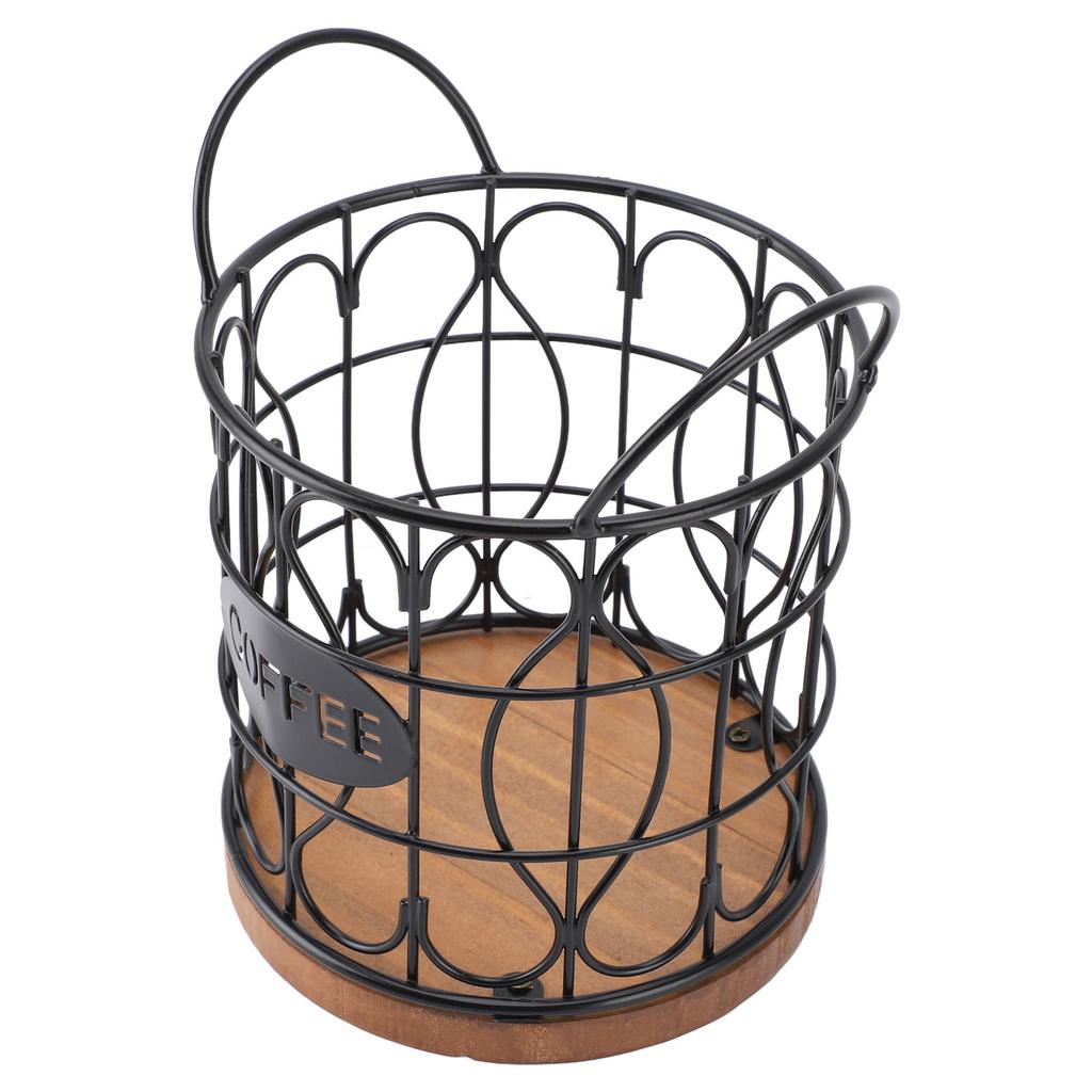 Coffee Pod Basket Decorative Round Wire Coffee Capsule Holder with Wooden Base for Cafe Kitchen Countertop