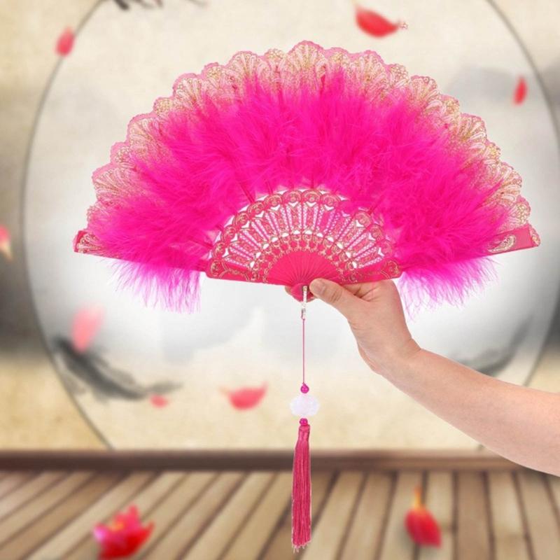 Embroidered Flower Feather Fan Vintage Hand Fan for Costume Dancing Handheld Folding Fan Performances Wedding Party