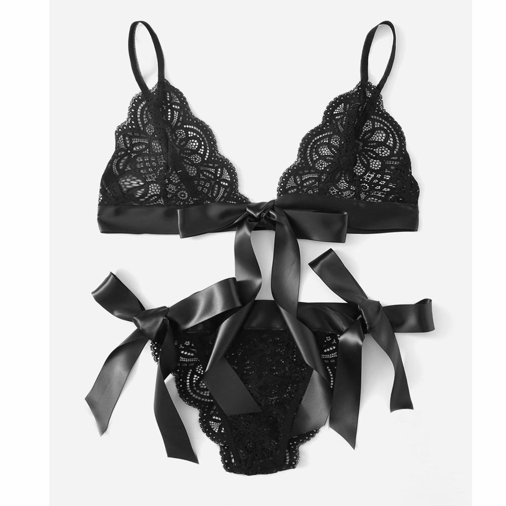 Women Bra Sexy Underpant Scalloped Trim Tie Side Lace Set Lingerie Bow Babydoll