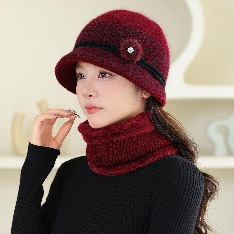 Fleece Warm Hat Ladies Mom Rabbit Plush Fashion Knitted Scarf Basin Hat Winter Grandma Windproof Hat