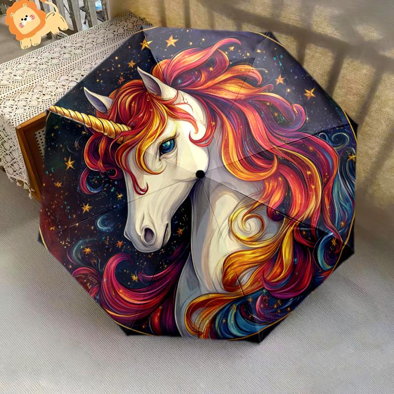 1 PC Automatic Folding Umbrella - Colorful Unicorn Pattern, Portable & Foldable Design with 8 Ribs, Christmas Birthday Gifts