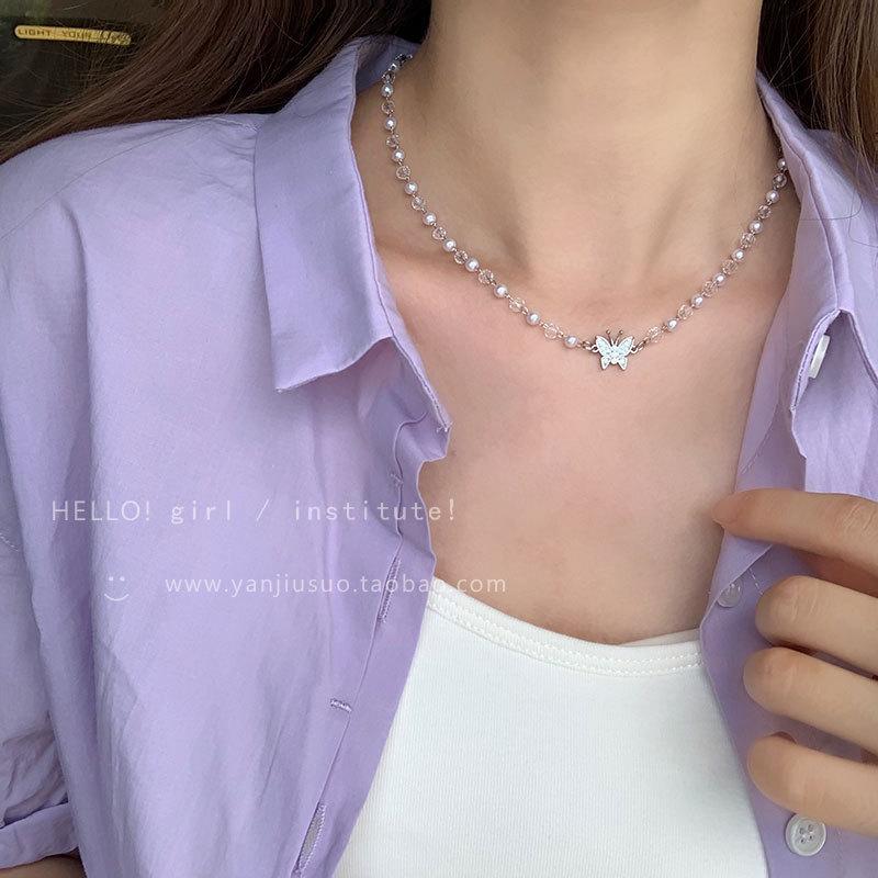 New Crystal Pearl Butterfly Necklace Female Summer Niche Design Sense Simple Temperament Choker Collarbone Chain